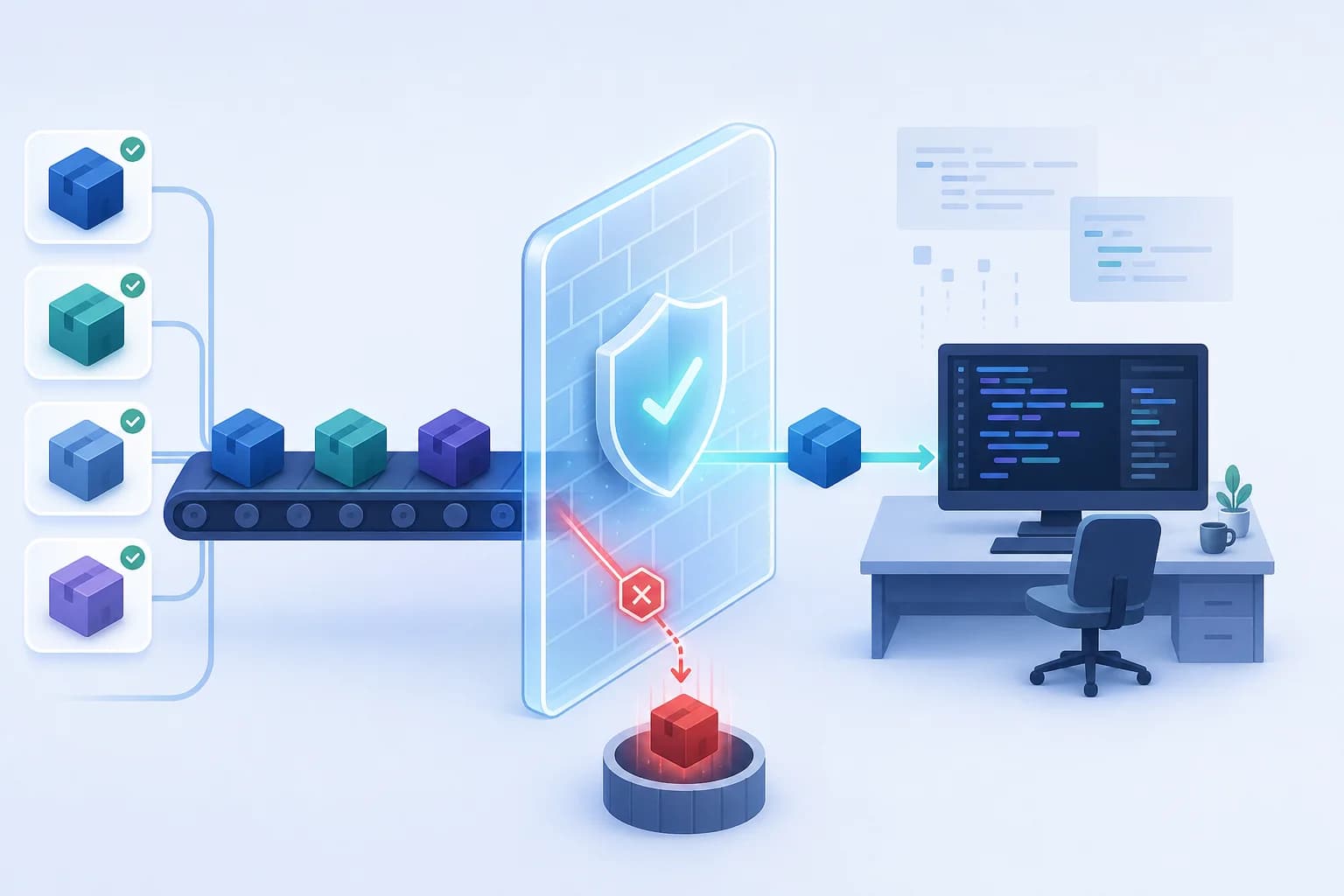 تصویر مفهومی فایروال امنیت npm برای مسدود کردن بسته‌های مشکوک پیش از نصب