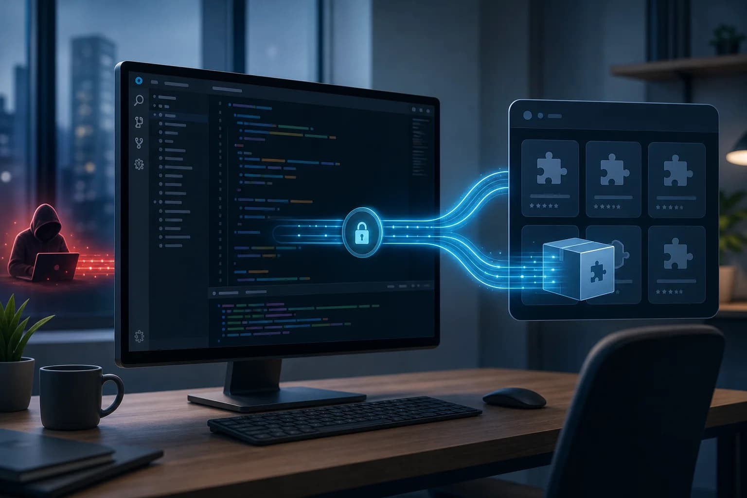 تصویر مفهومی امنیت Cursor و افزونه مخرب Claude Code با درِ پشتی SSH