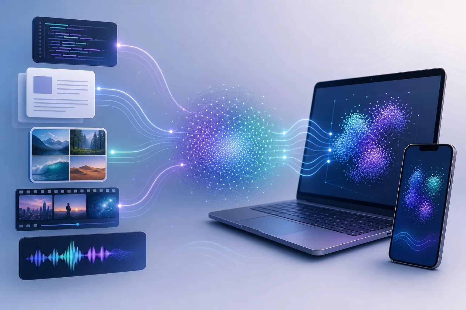 تصویر مفهومی EmbeddingGemma 2 برای جستوجوی یکپارچه متن، کد، تصویر و صدا