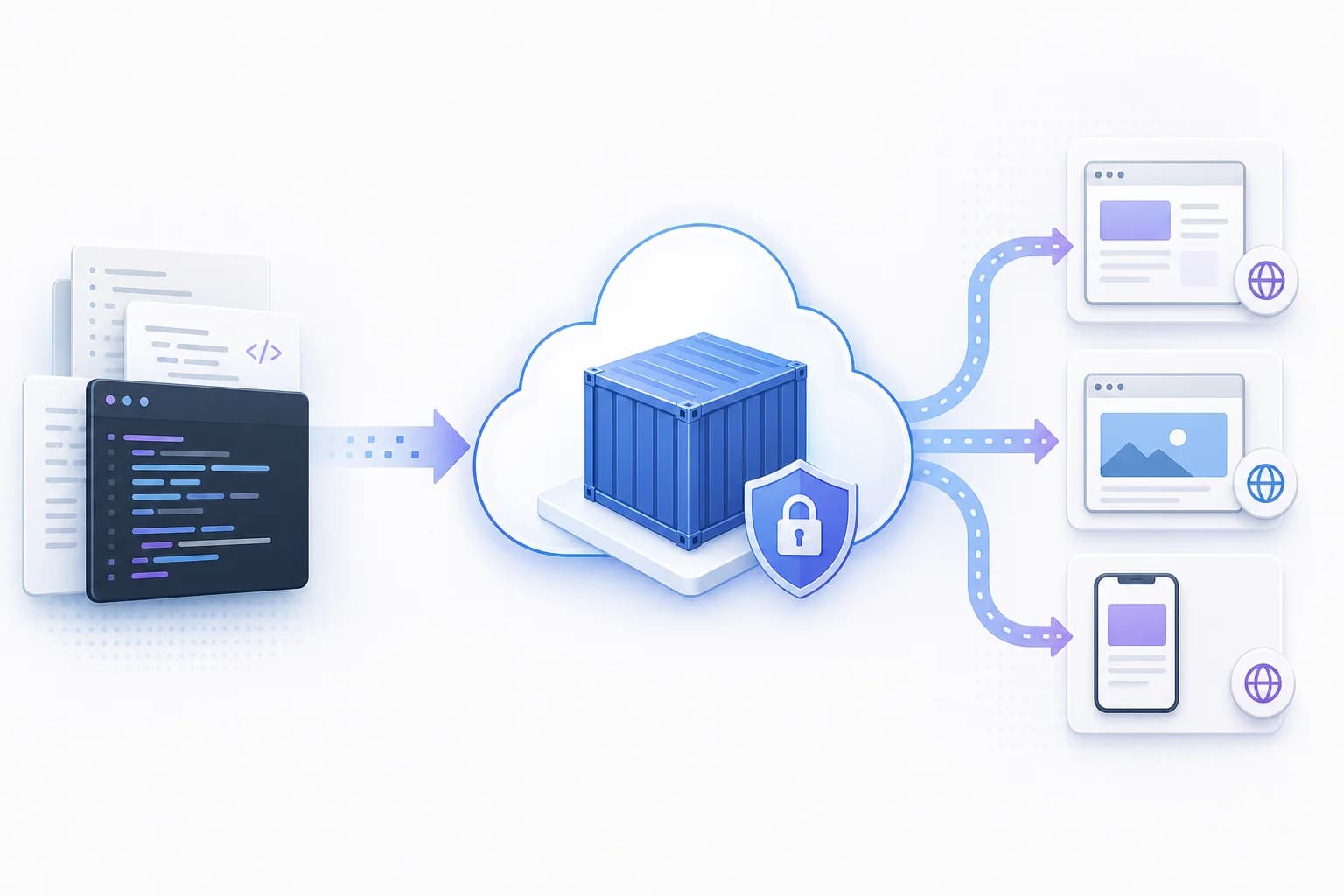 تصویر مفهومی استقرار Dockerfile در Vercel با کانتینر و ترافیک وب