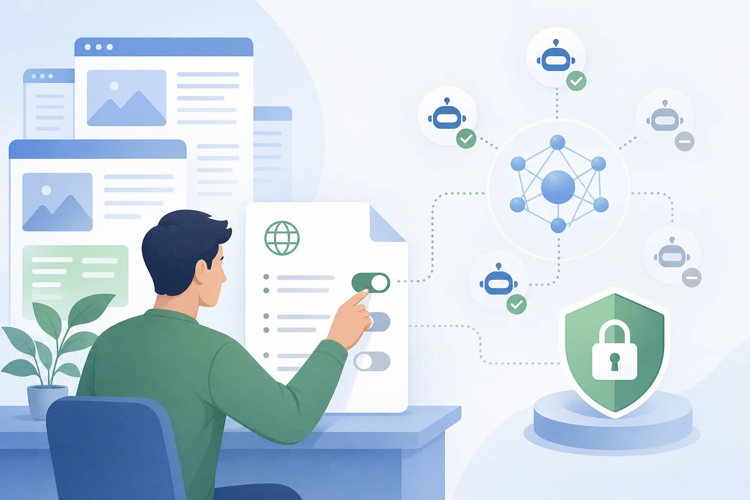 تصویر مفهومی کنترل آموزش هوش مصنوعی با robots.txt برای وبسایتها